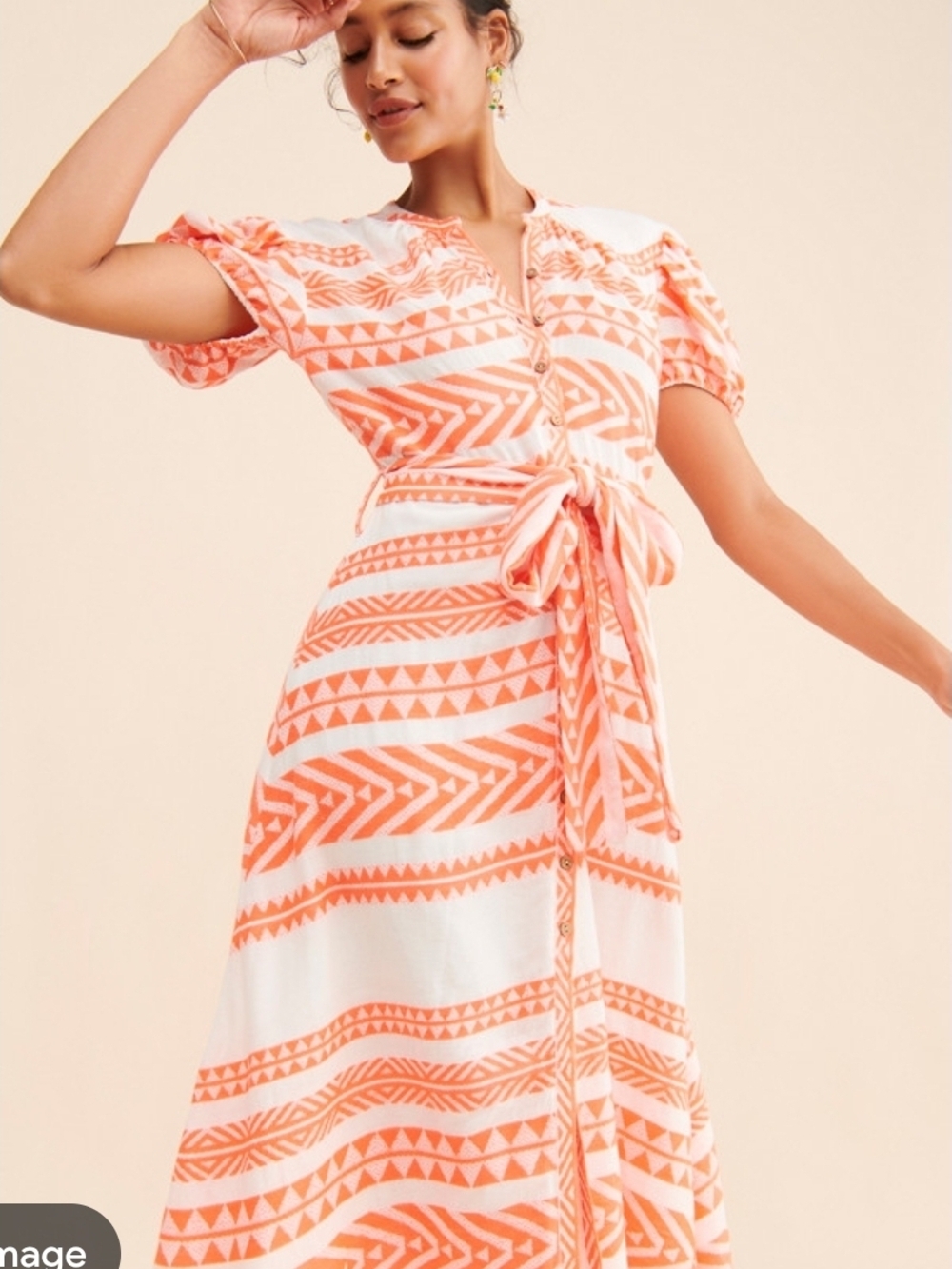 Coral & White Patterned Tie-Waist Midi Dress